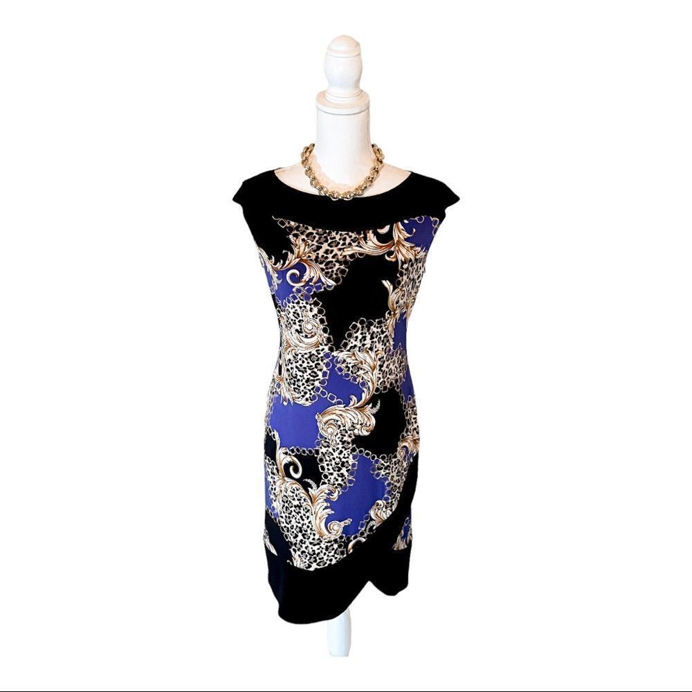 Tiana B Blue Black Leopard Print Sheath Dress Tulip Hem Women’s S